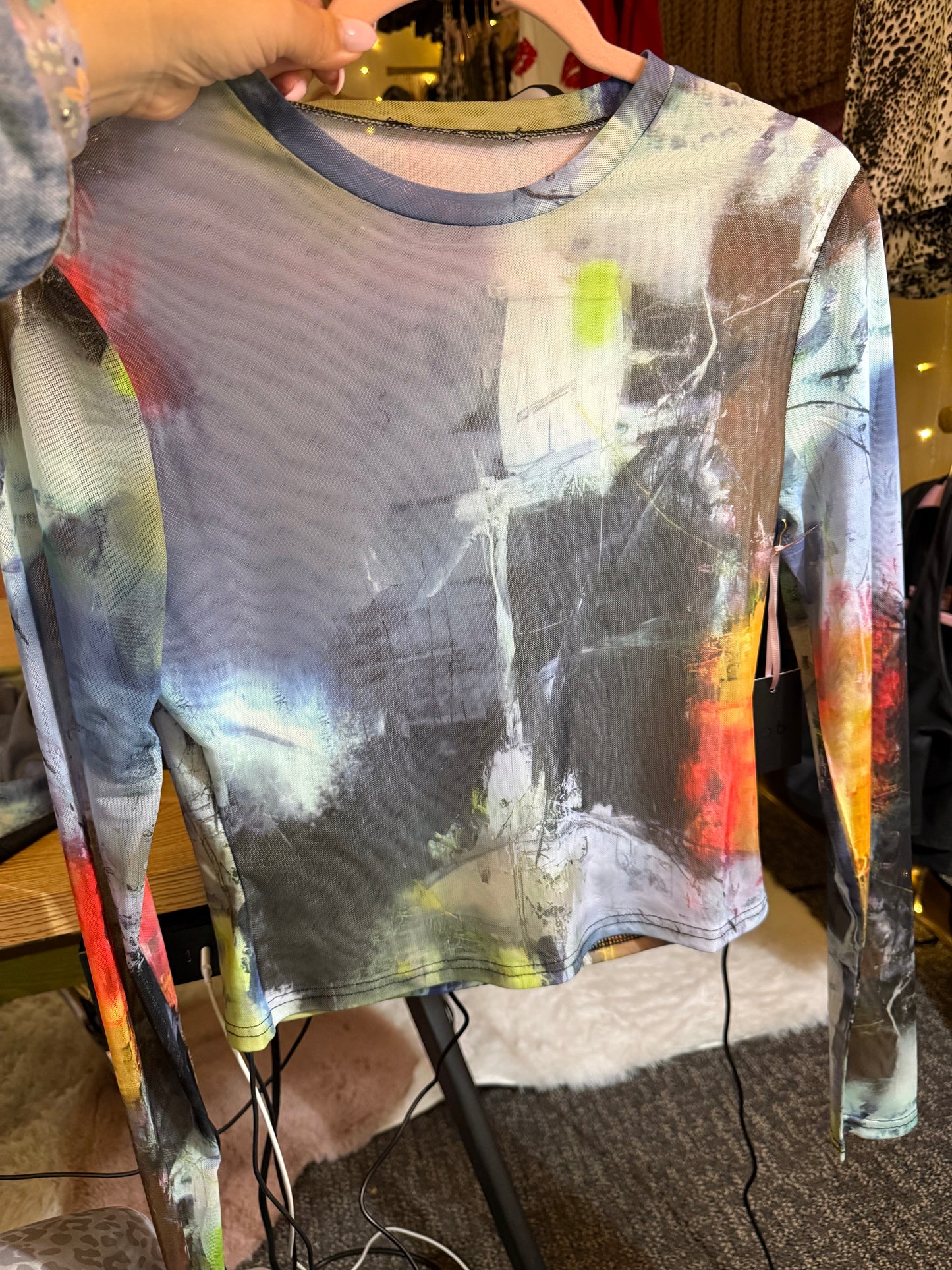Painting Graphic Long Sleeve Sheer Top