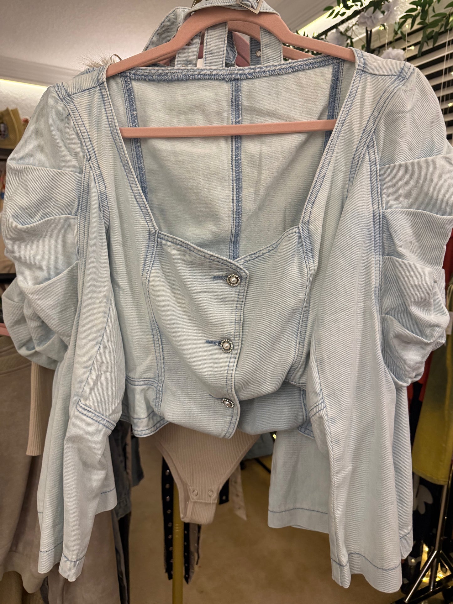 Puffer Long Sleeve Denim Top