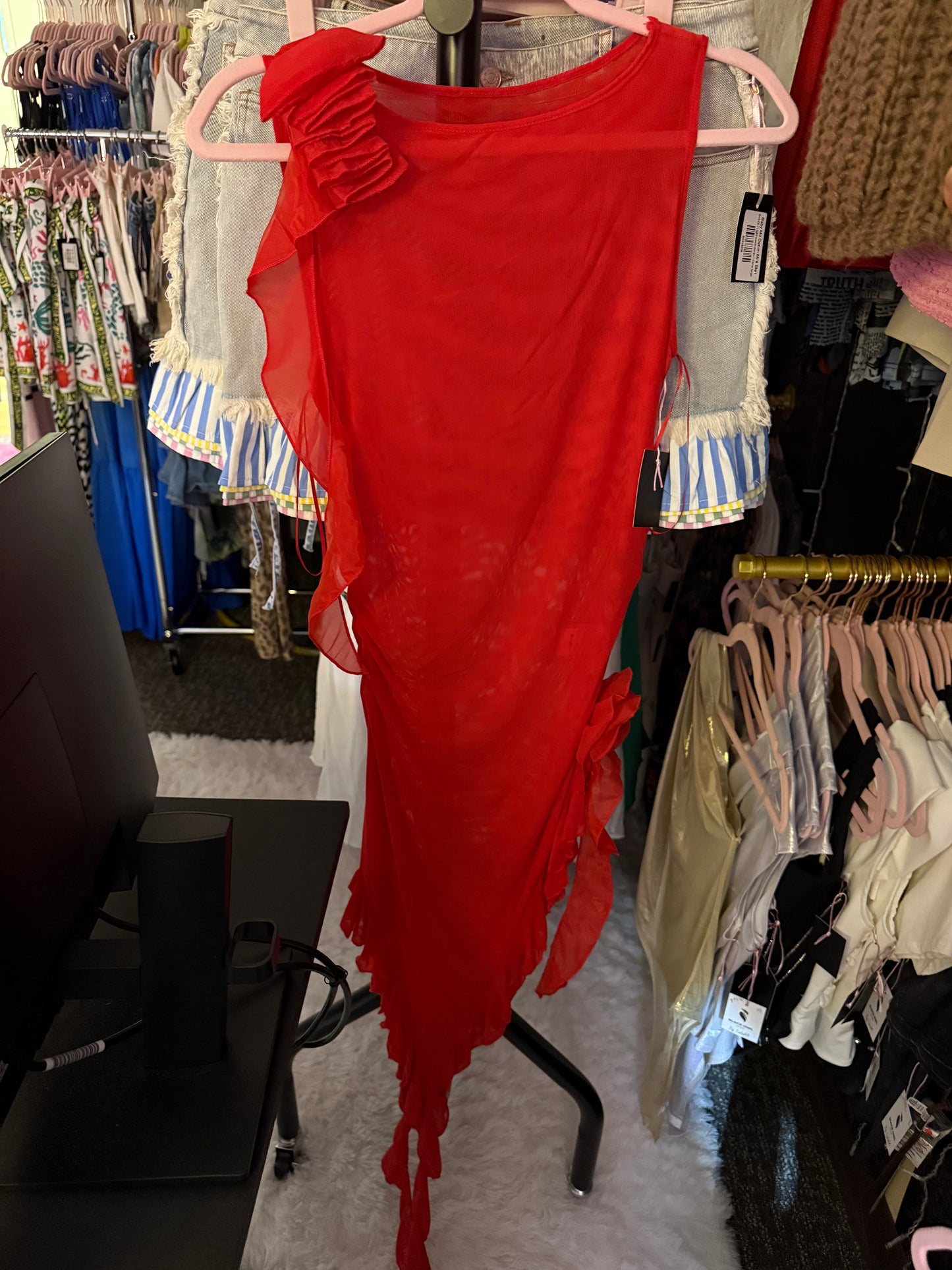 Red Sensation Ruffle Sheer Dress