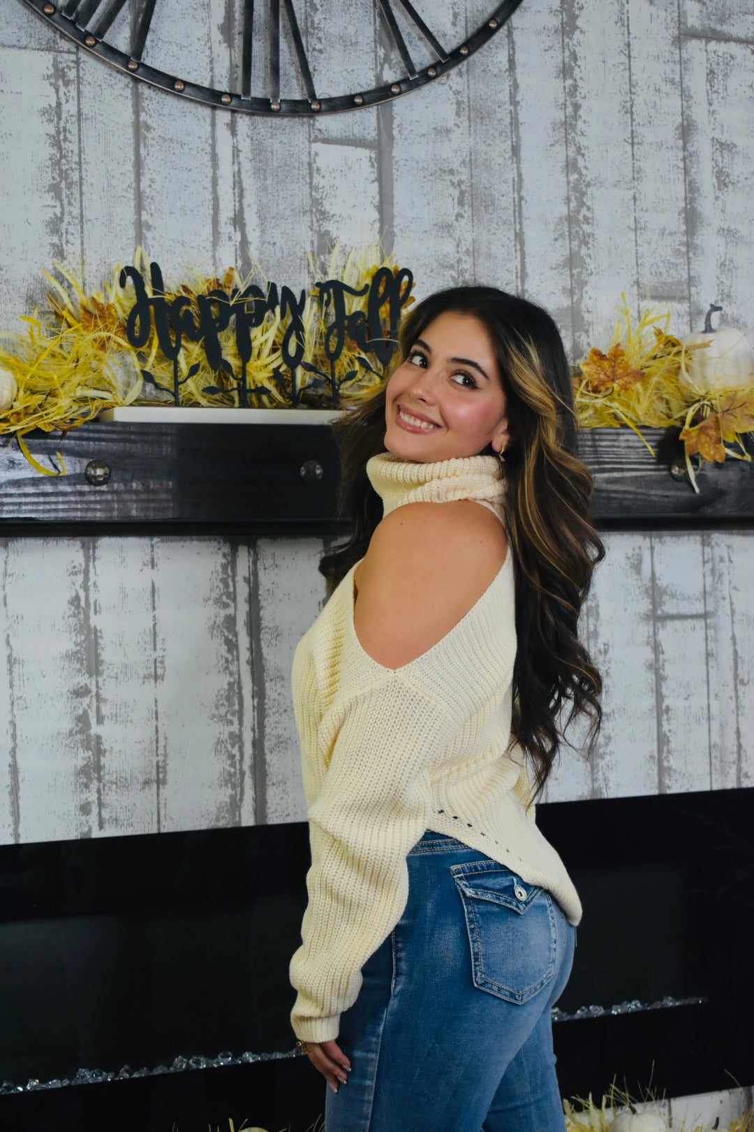 Deena Turtleneck Cut Out Shoulder Sweater