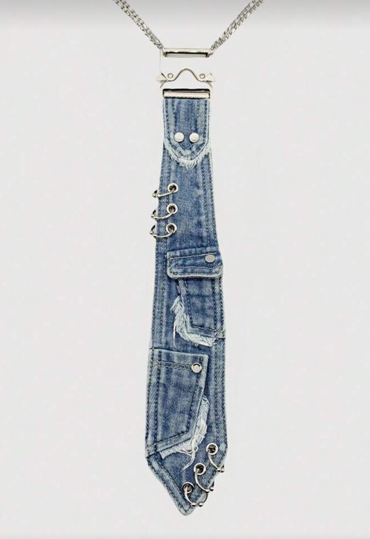 Denim Embellished Tie Necklace