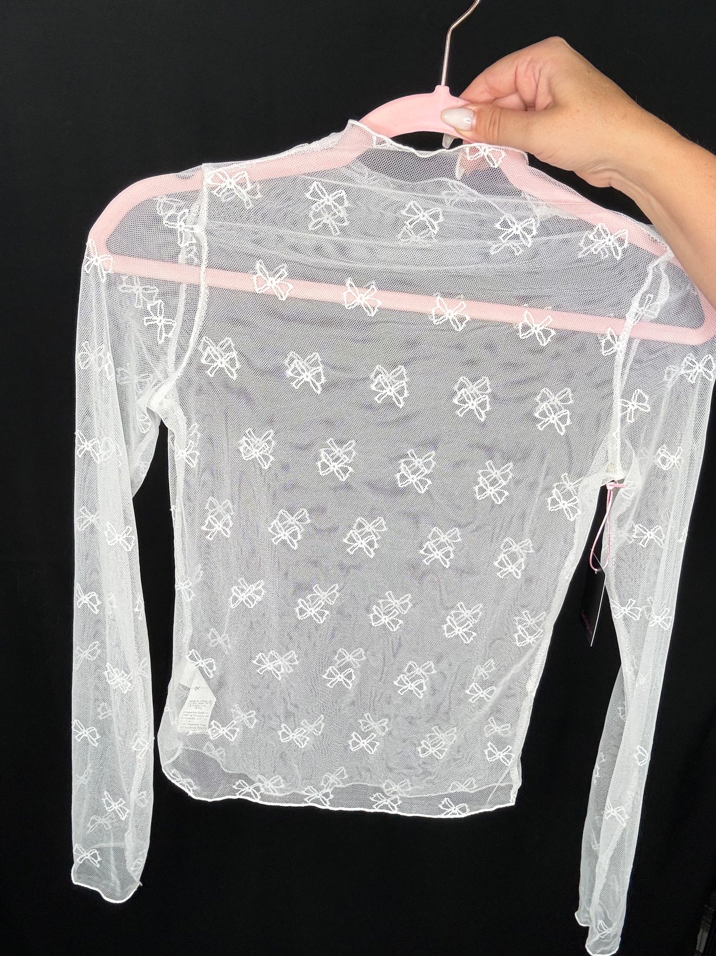 White Bowknot Sheer Long Sleeve Top