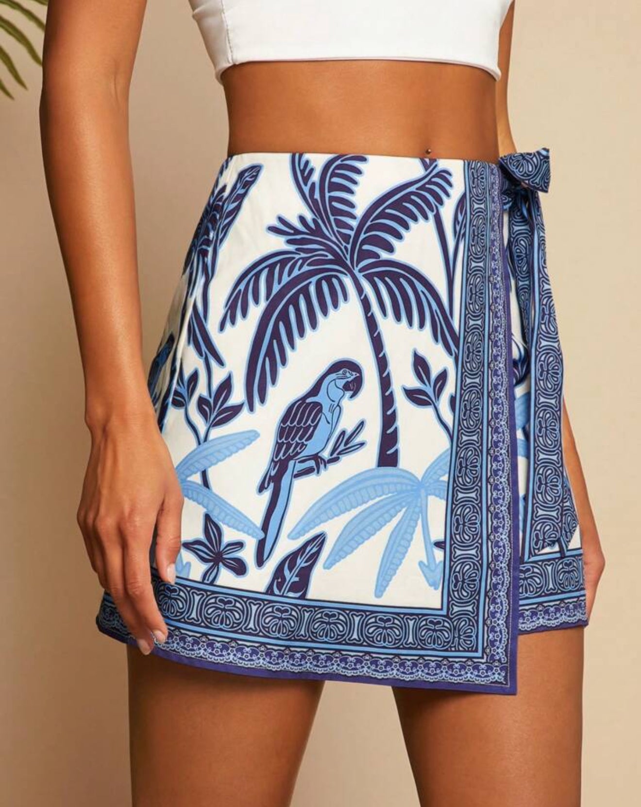 Blue Palm Tie Waist Skirt