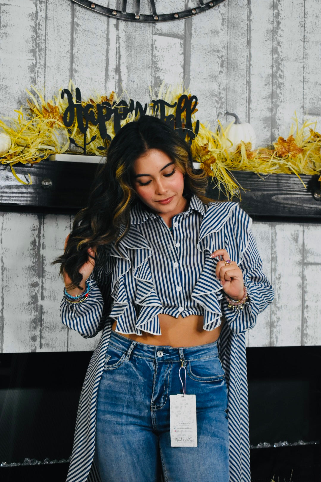 Vixie Stripe Chiffon Ruffle Blouse