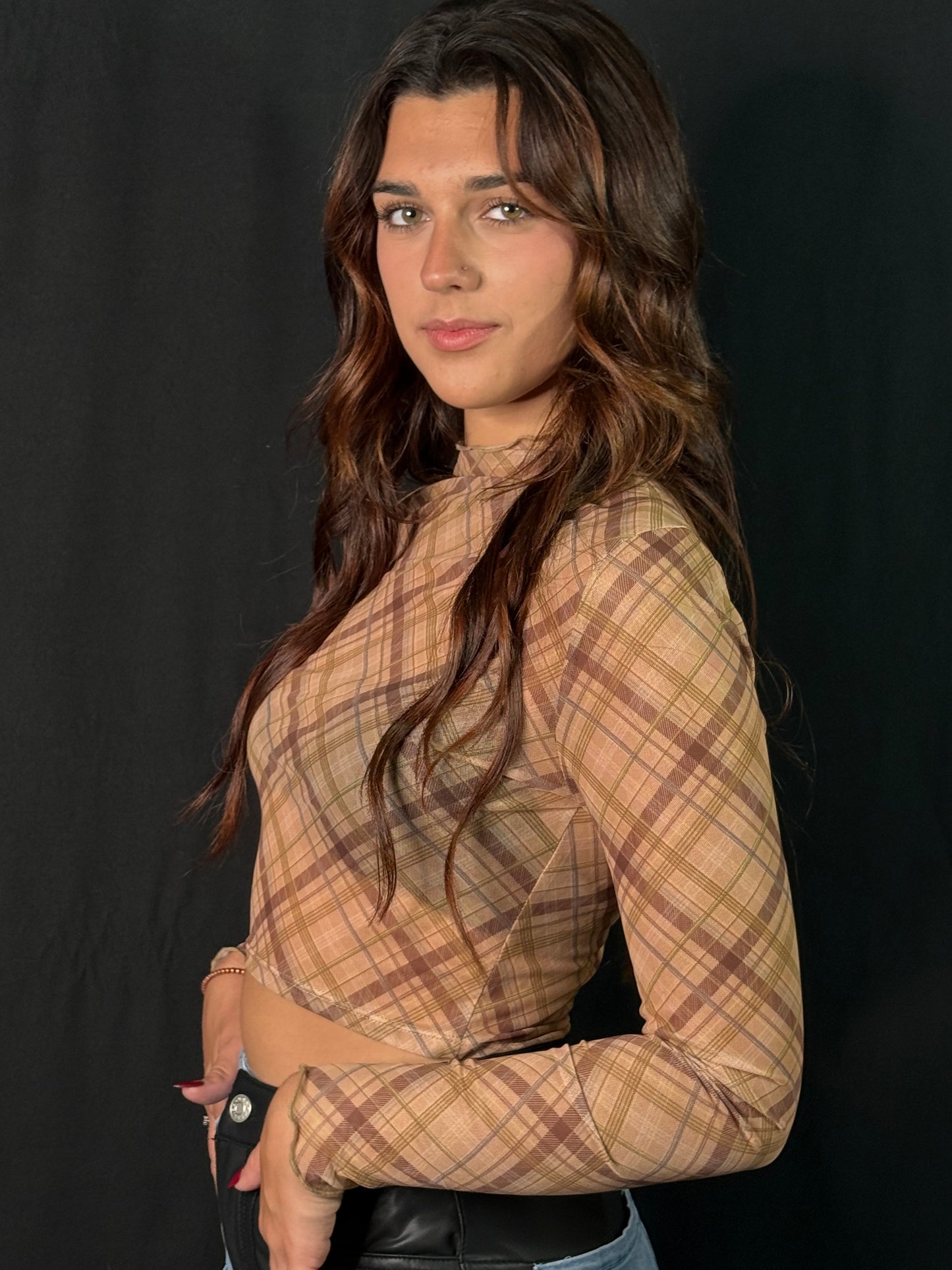 Plaid Nude Long Sleeve Top