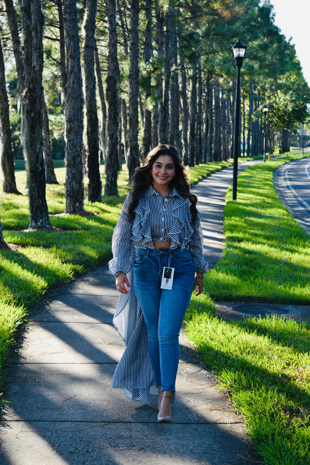 Vixie Stripe Chiffon Ruffle Blouse