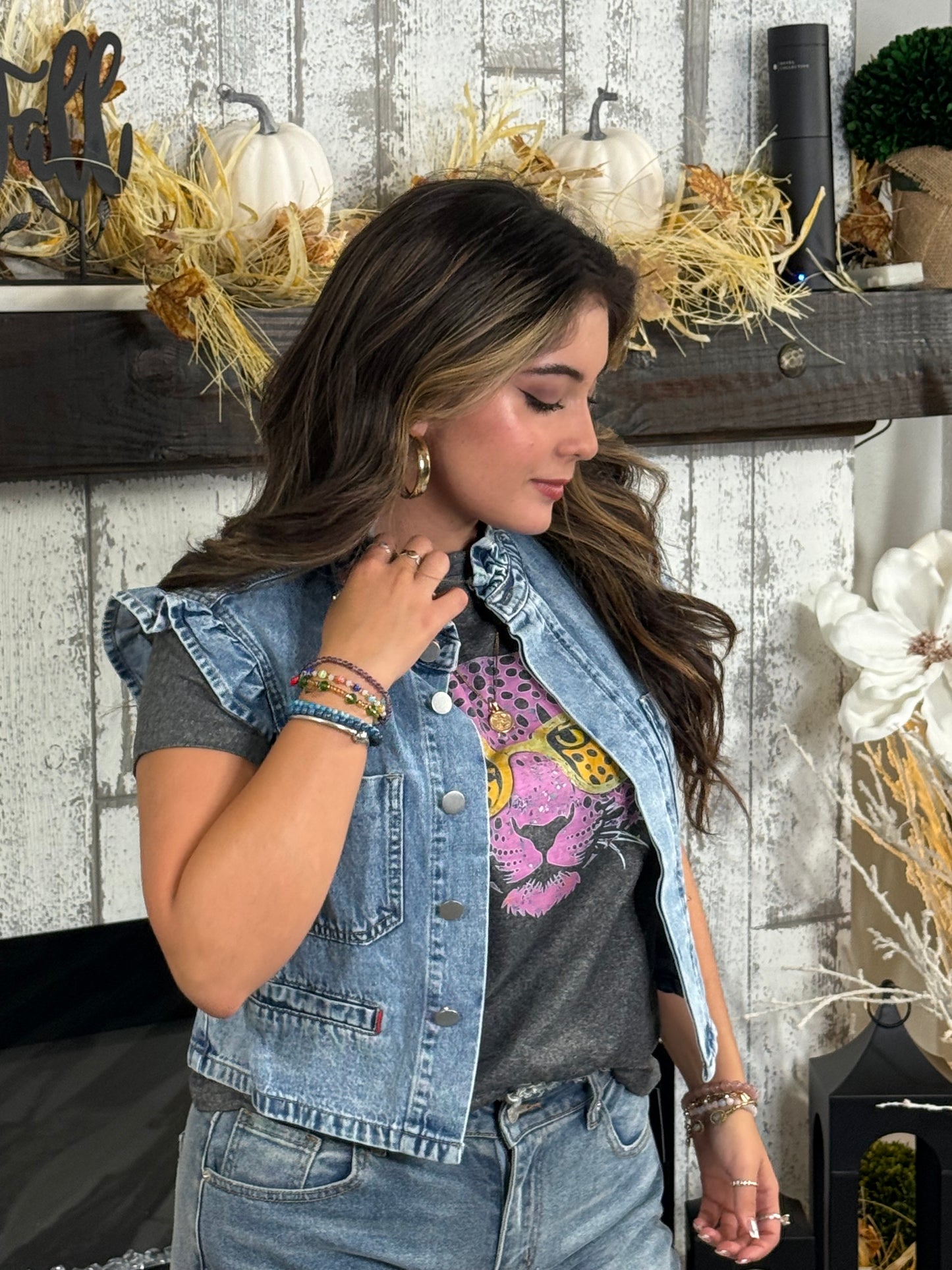 Light Washed Denim Ruffle Vest