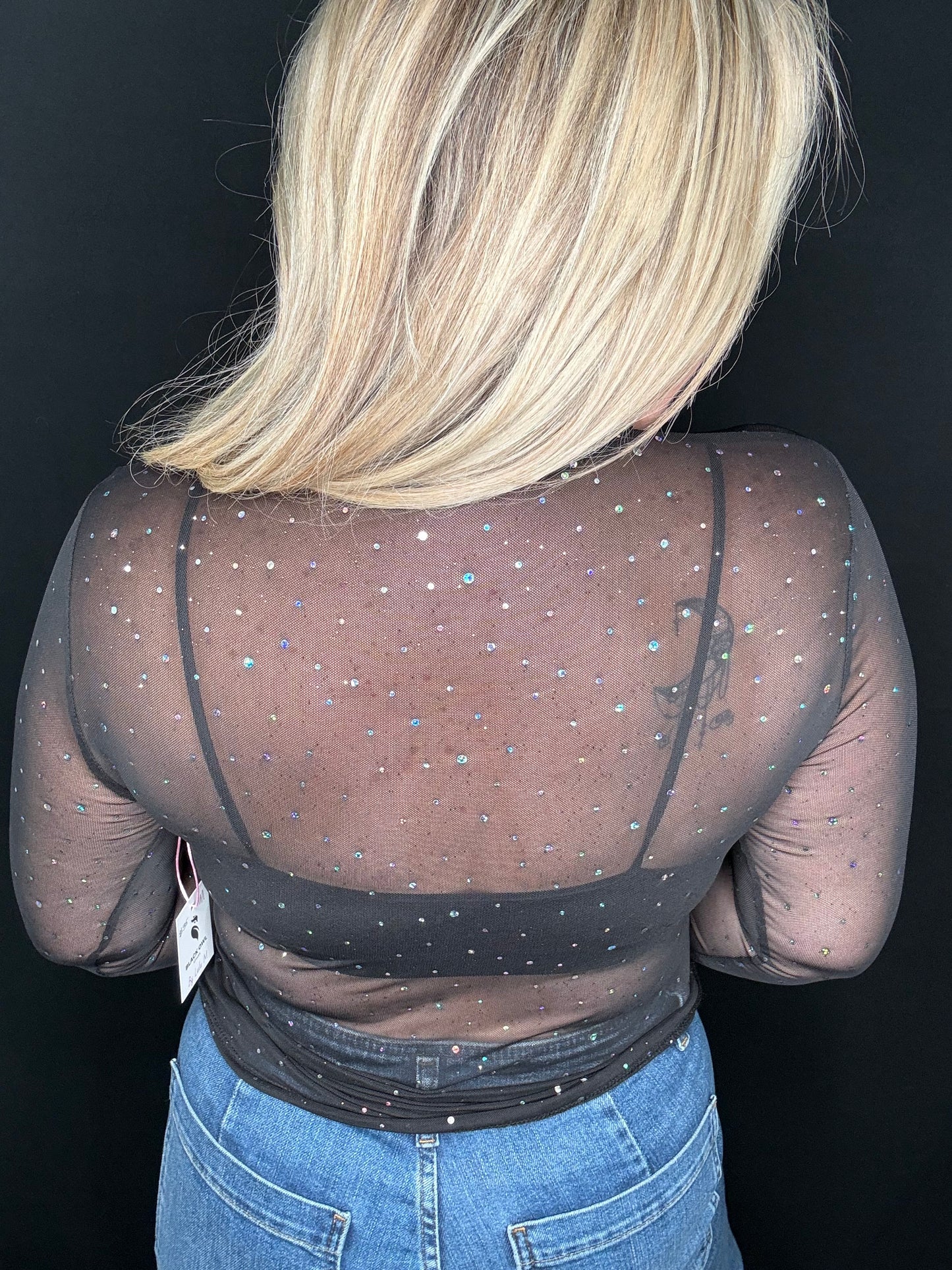 Lighted Stars Black Long Sleeve Mesh Top