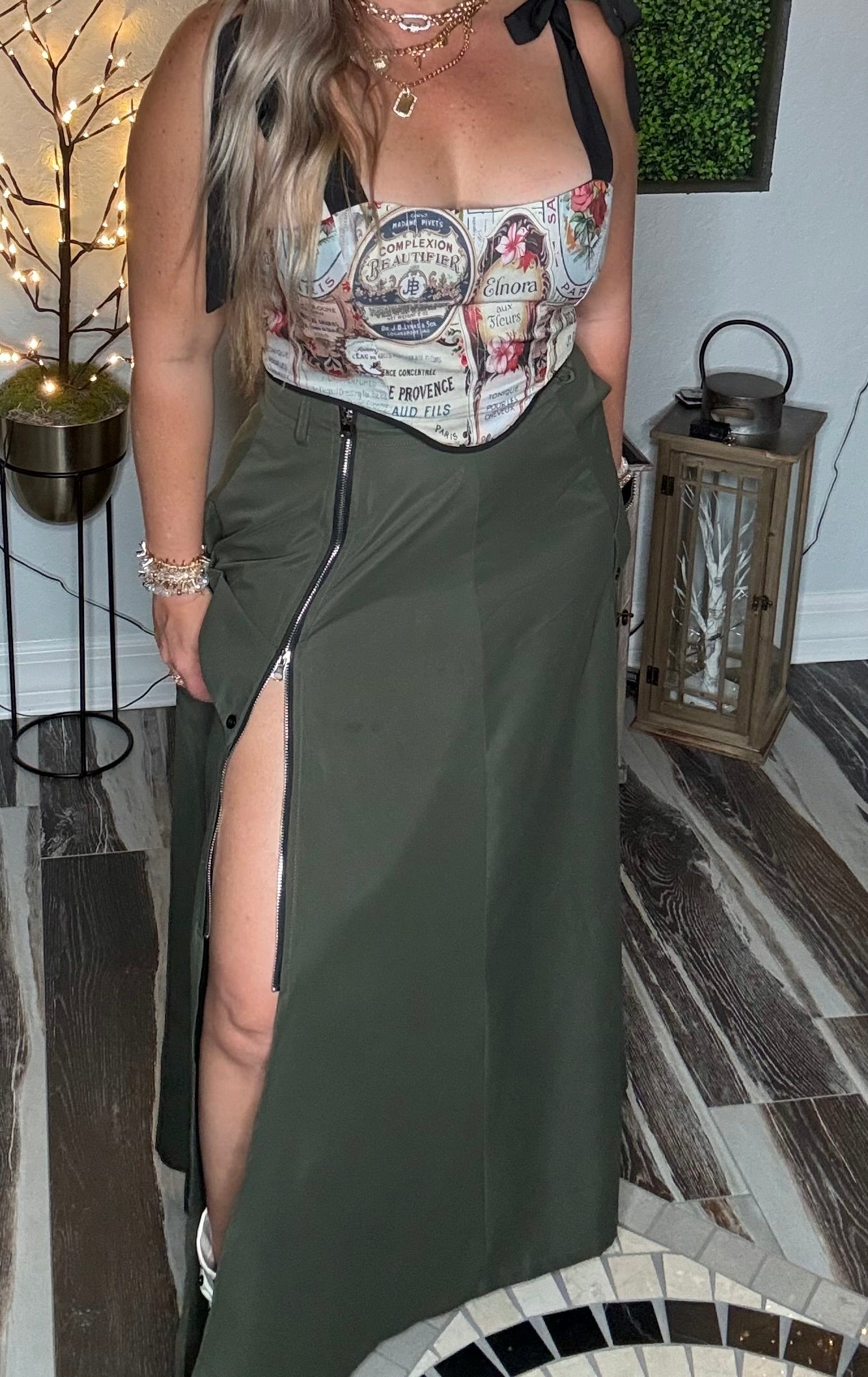 Vintage Olive Graphic Lace Up Top & Zipper Detail Long Skirt Set