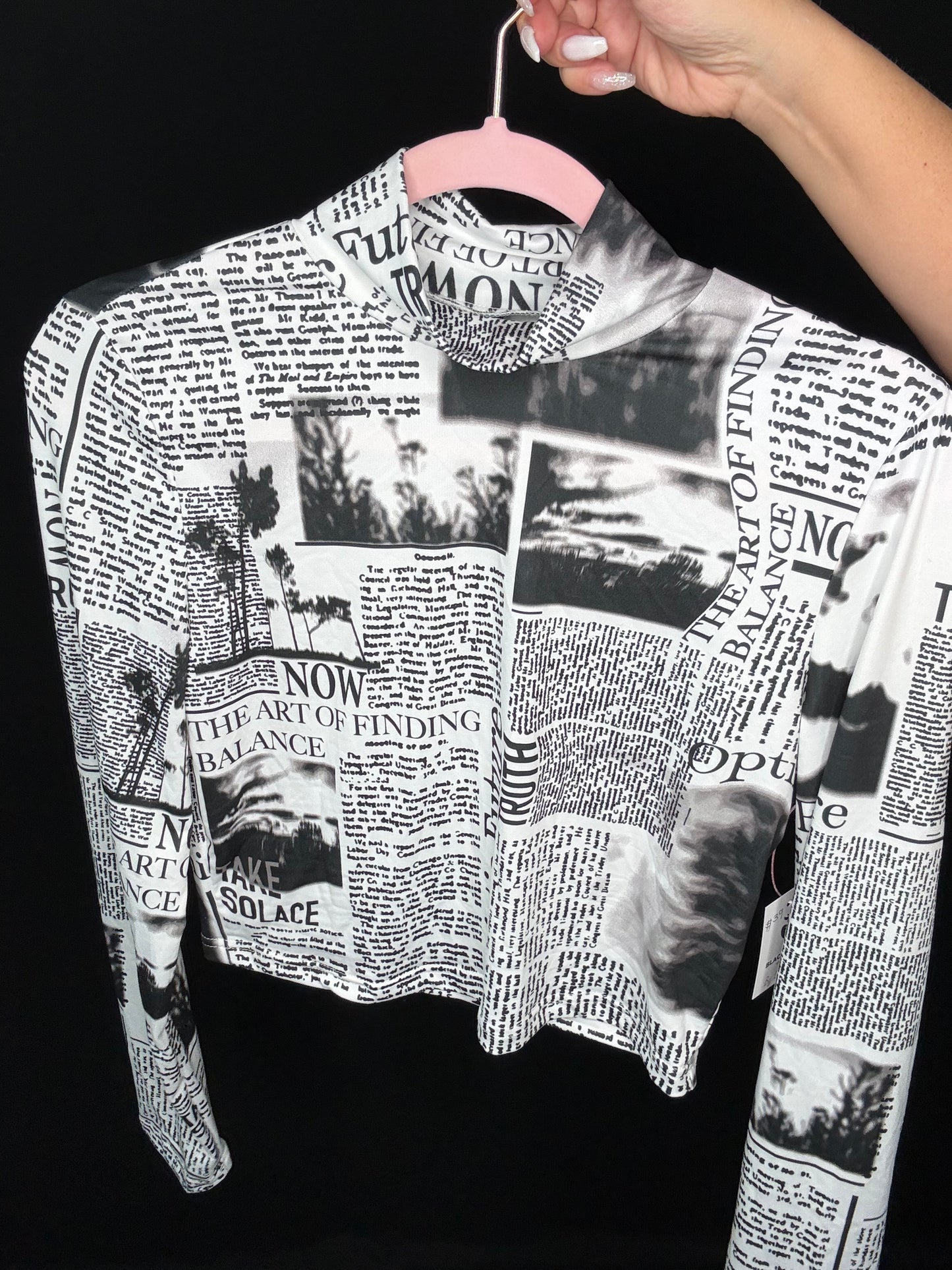 Newspaper Print Non-Sheer Long Sleeve Top