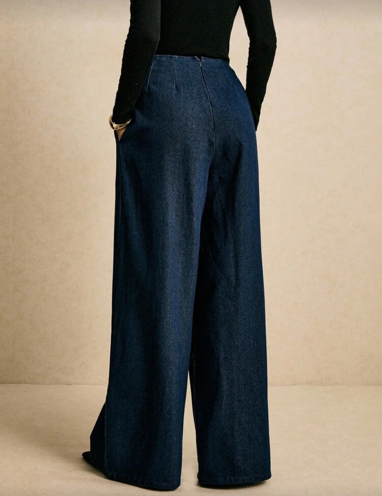 Gold Single Button Wide Leg Denim Pants