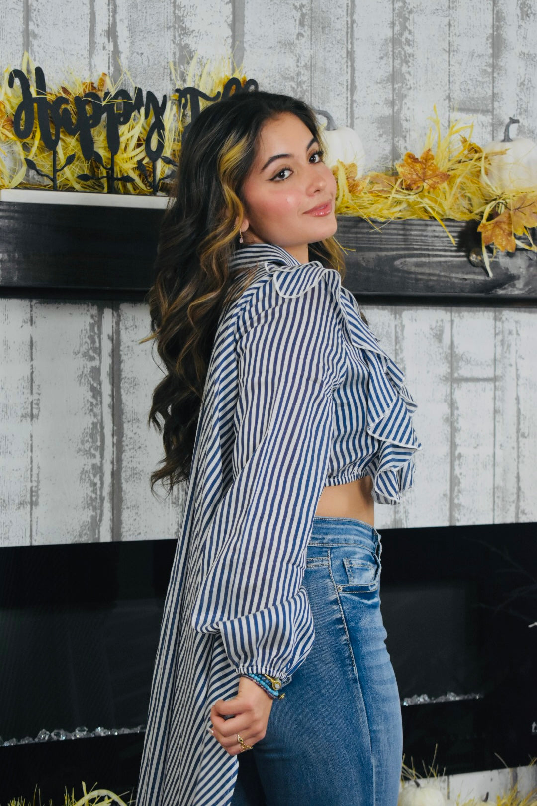 Vixie Stripe Chiffon Ruffle Blouse