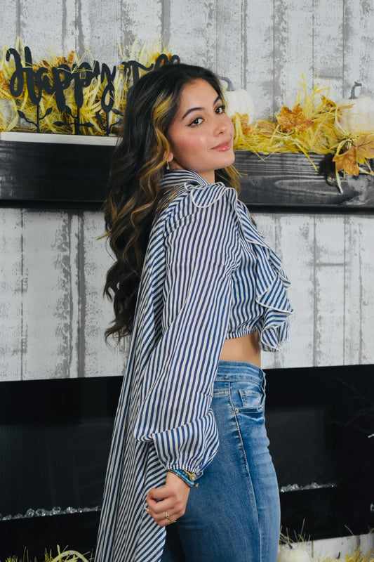 Vixie Stripe Chiffon Ruffle Blouse