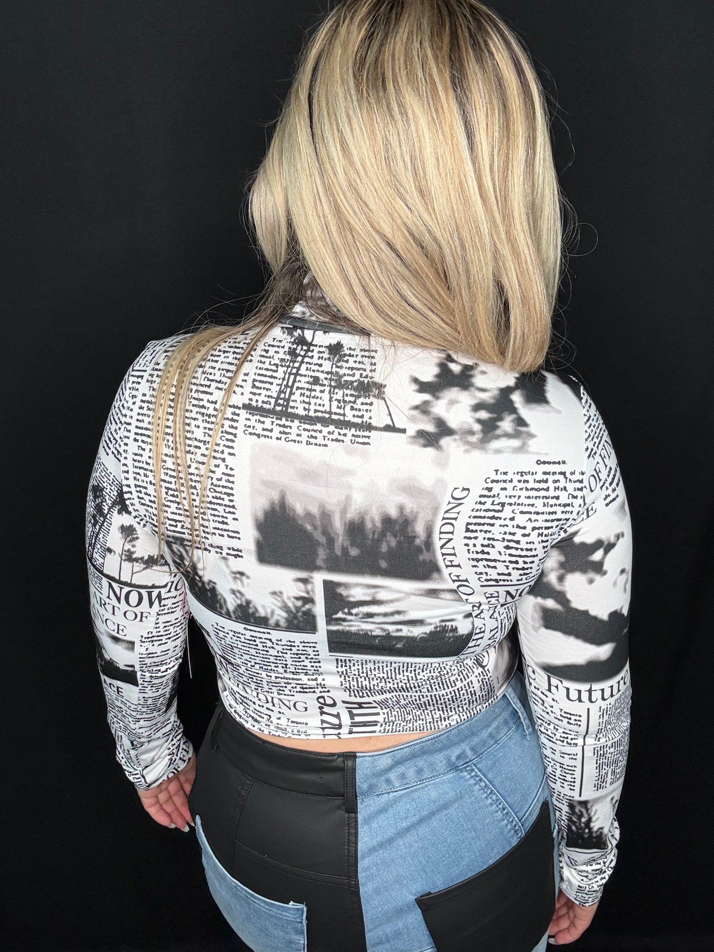 Newspaper Print Non-Sheer Long Sleeve Top