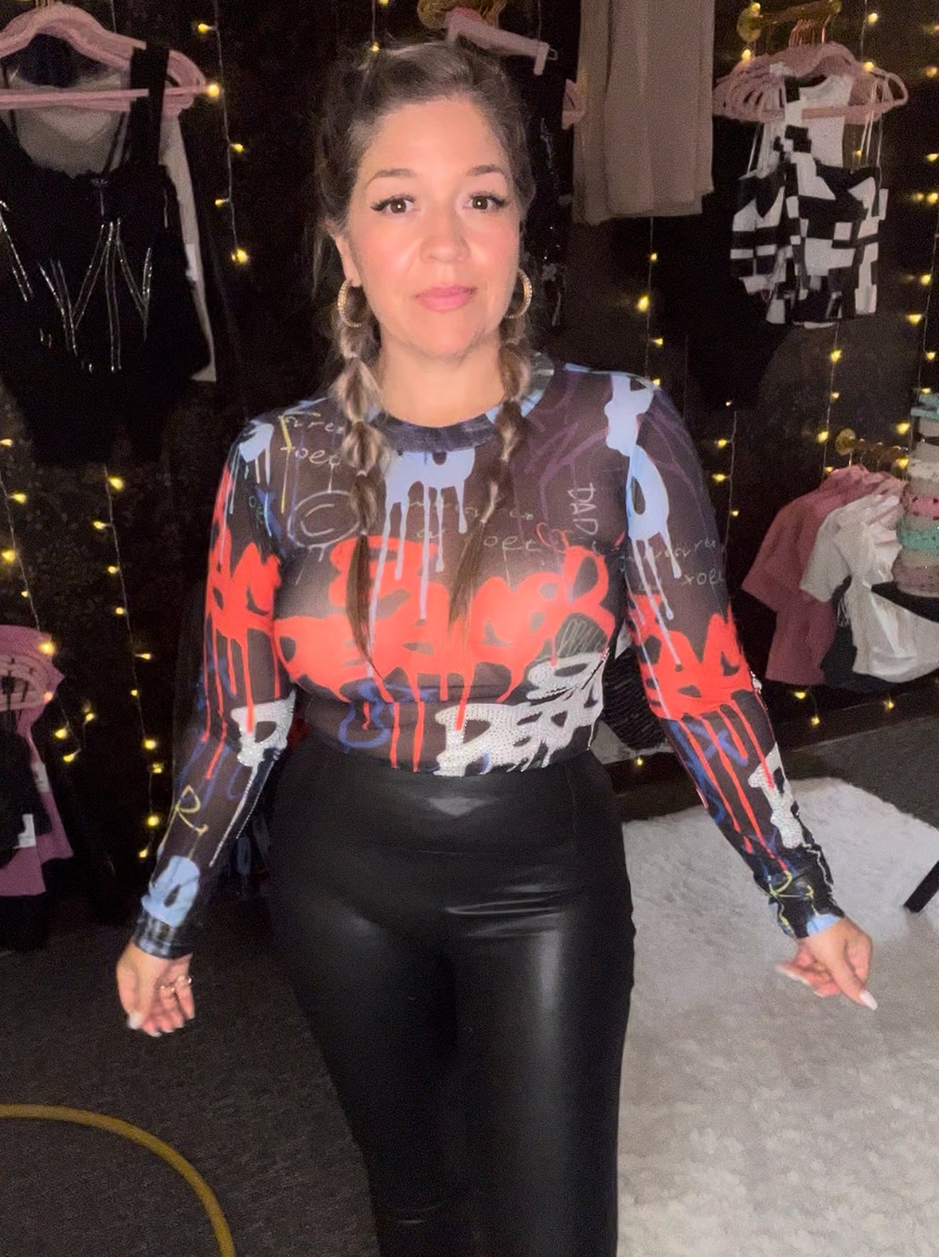Graffiti Long Sleeve Sheer Rhinestone Bodysuit