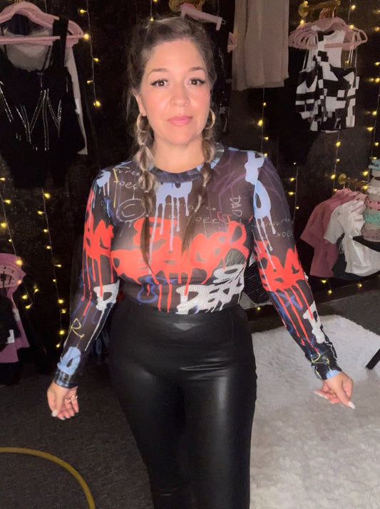 Graffiti Long Sleeve Sheer Rhinestone Bodysuit