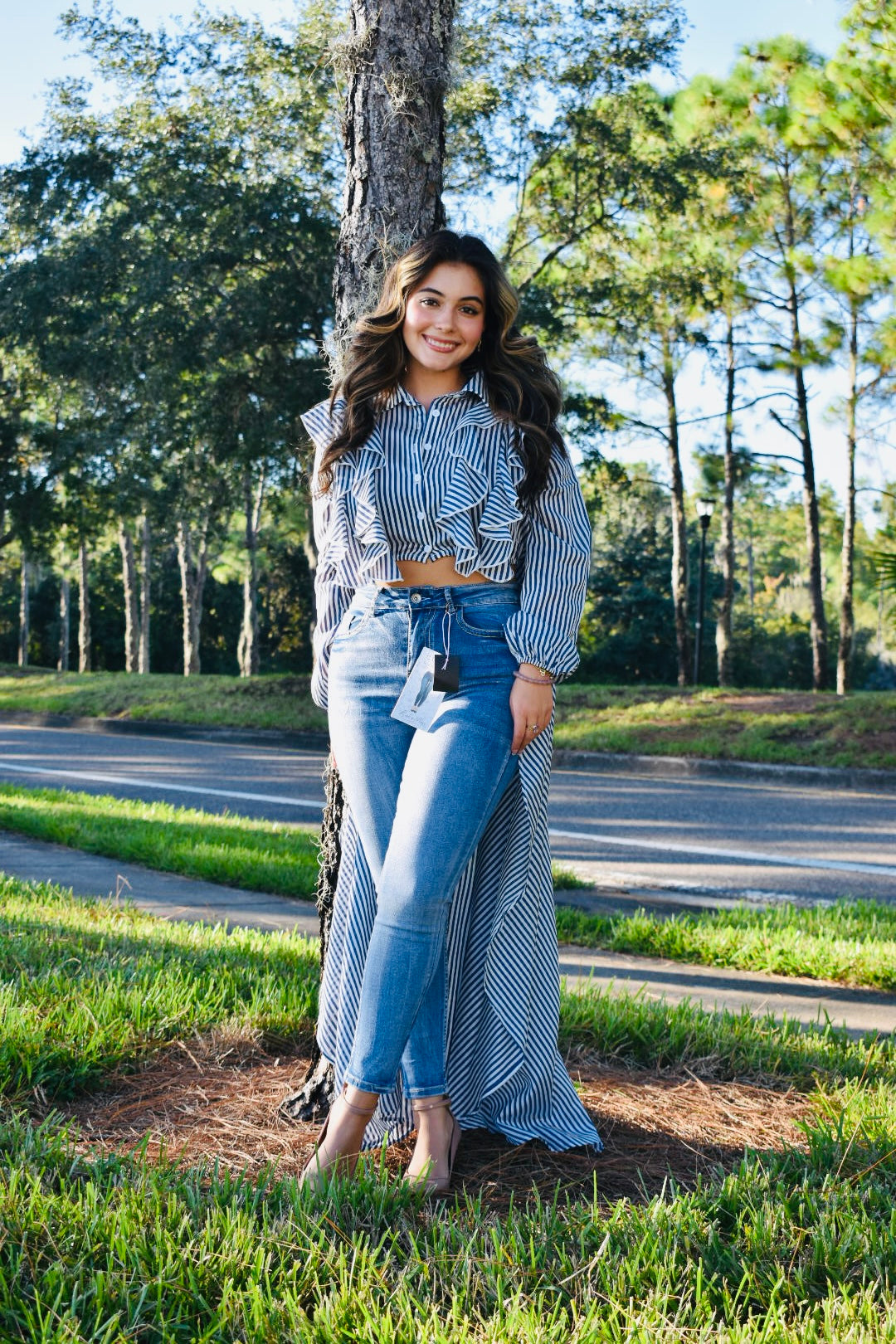 Vixie Stripe Chiffon Ruffle Blouse