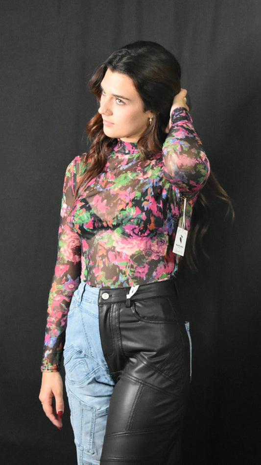 Pretty Pink Flower Long Sleeve Sheer Top