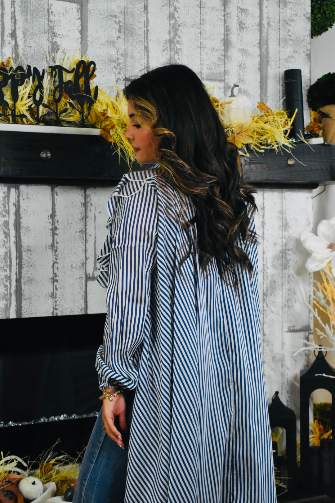 Vixie Stripe Chiffon Ruffle Blouse