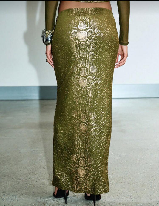 Golden Olive Snake Sheer Skirt