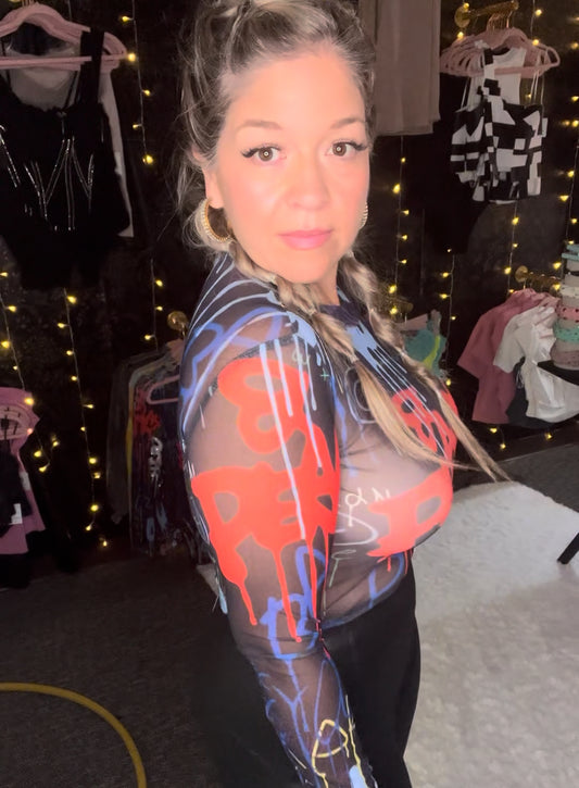 Graffiti Long Sleeve Sheer Rhinestone Bodysuit