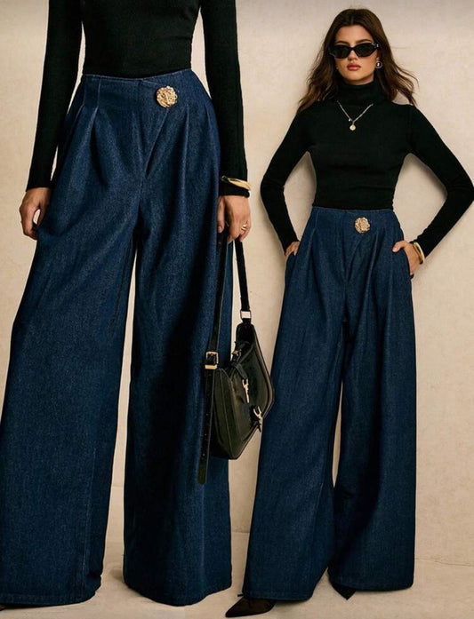 Gold Single Button Wide Leg Denim Pants