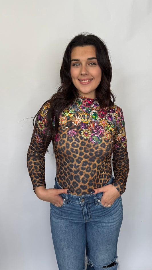 Jewels Leopard Long Sleeve Bodysuit