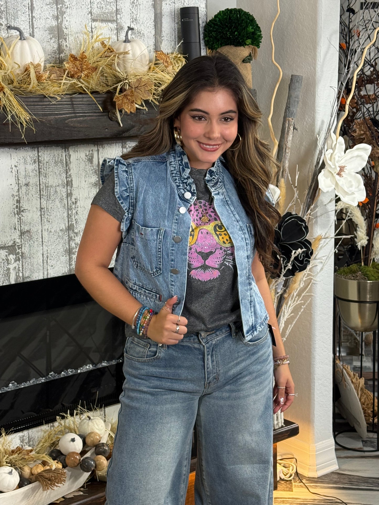 Light Washed Denim Ruffle Vest