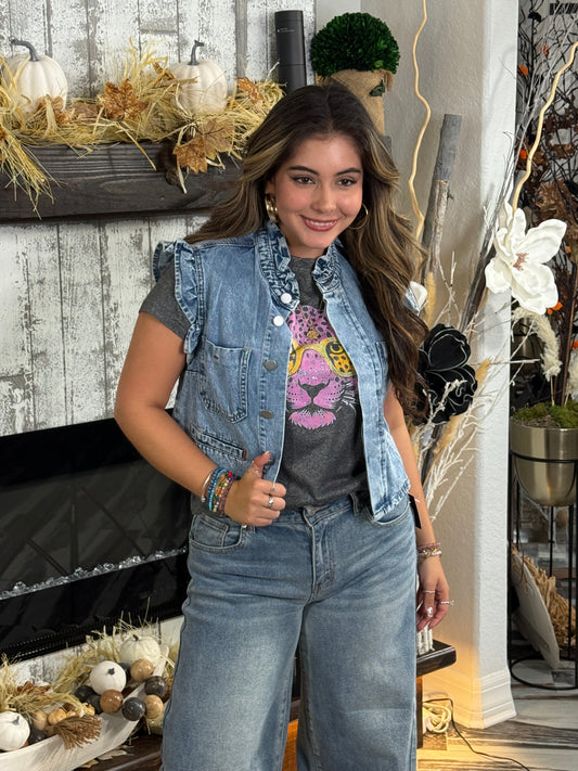 Light Washed Denim Ruffle Vest