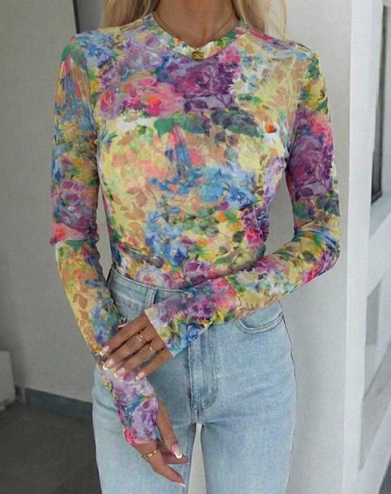Flower Garden Mesh Long Sleeve Top