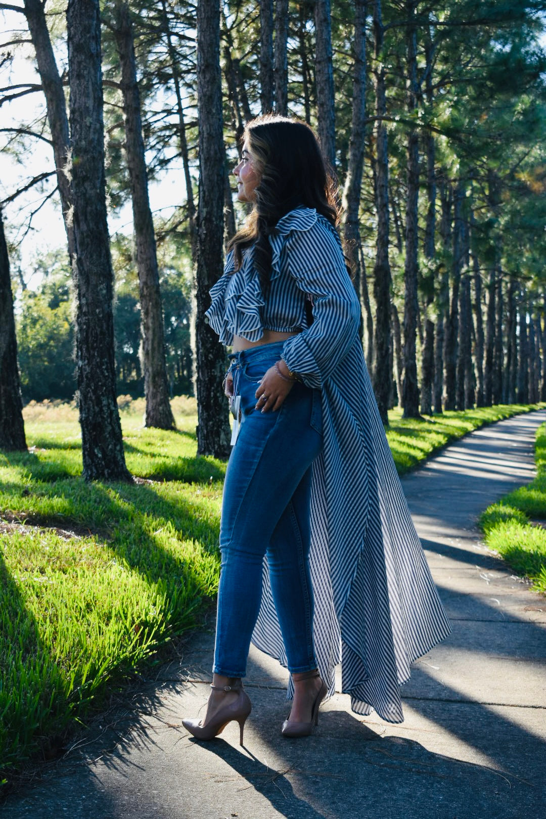 Vixie Stripe Chiffon Ruffle Blouse