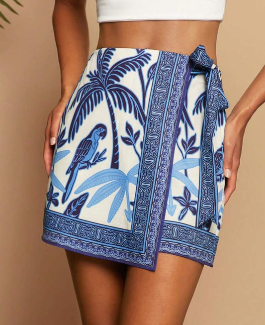 Blue Palm Tie Waist Skirt