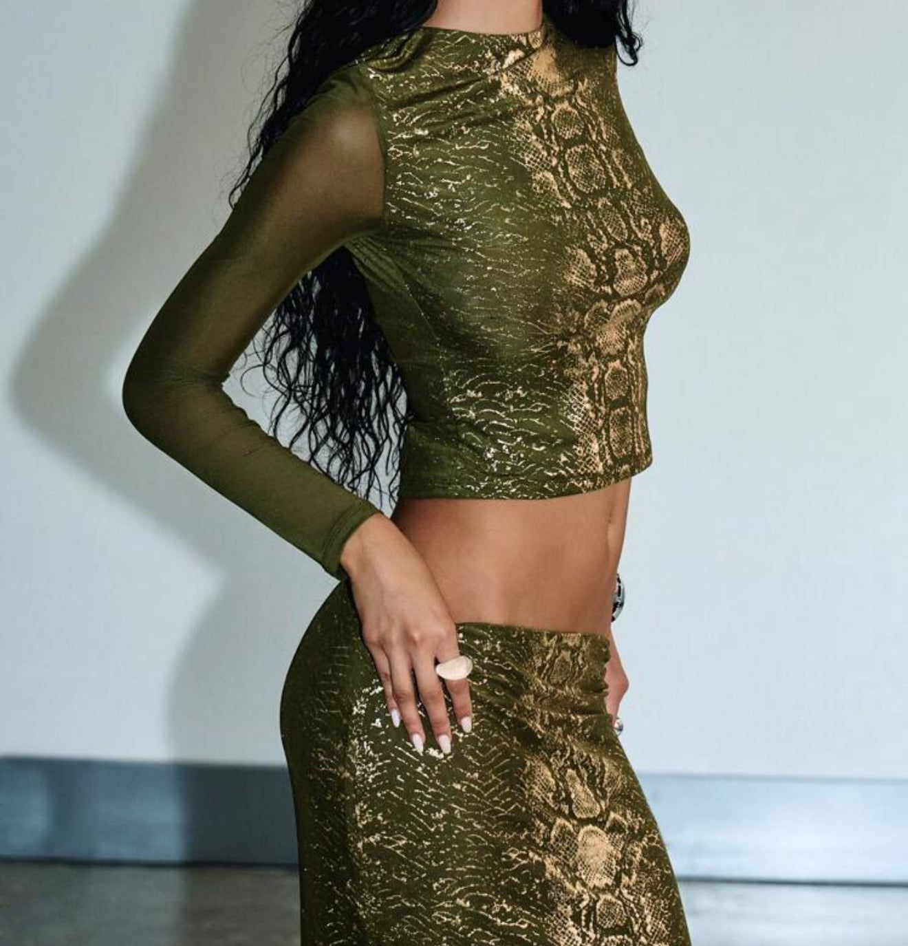 Golden Olive Snake Sheer Top