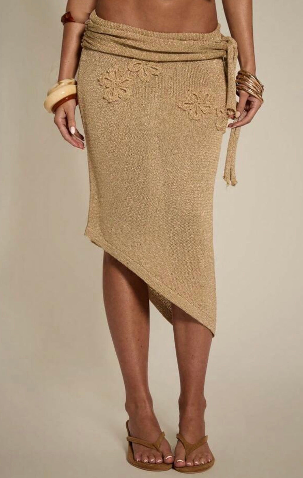 Golden Shimmer Crochet Flower Top & Skirt Set
