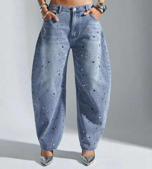 Sadie Distressed Stud Barrel Jeans