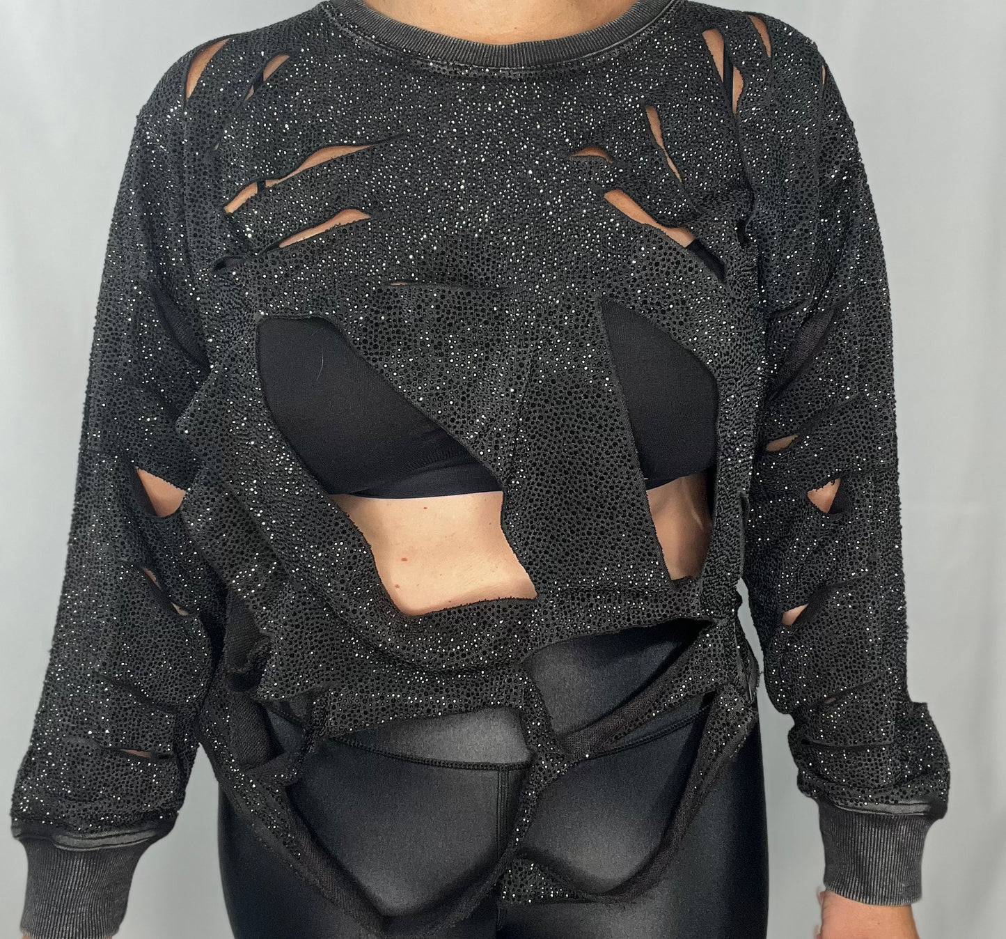 Rhinestone Shredded Sweatshirt