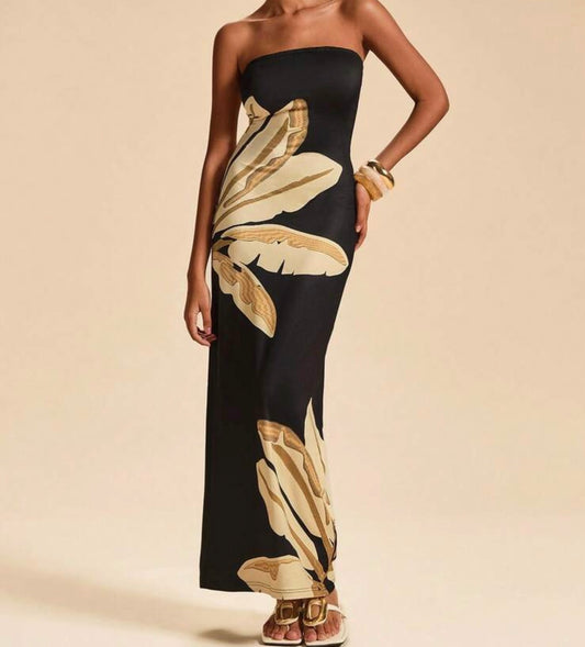 Golden Palm Strapless Maxi Long Dress