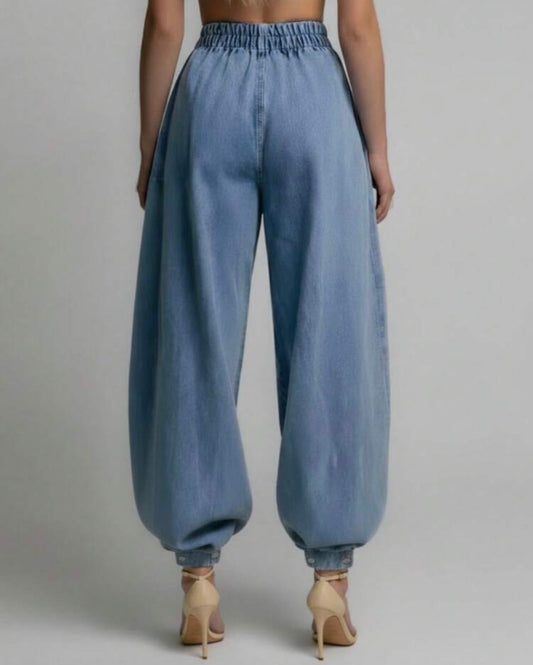 Mirly Loose Wide Leg Pleaded Cuffed Thin Denim Pants