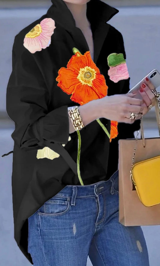 Nuria Flower Rhinestone Accent Collar Blouse