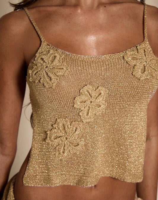 Golden Shimmer Crochet Flower Top & Skirt Set