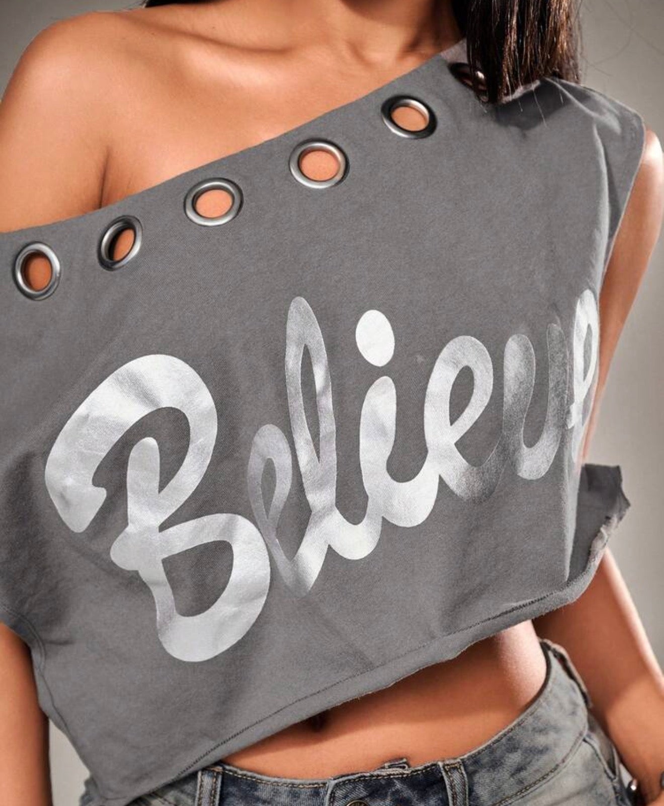 Believe Assymetrical Off-Shoulder Crop Top