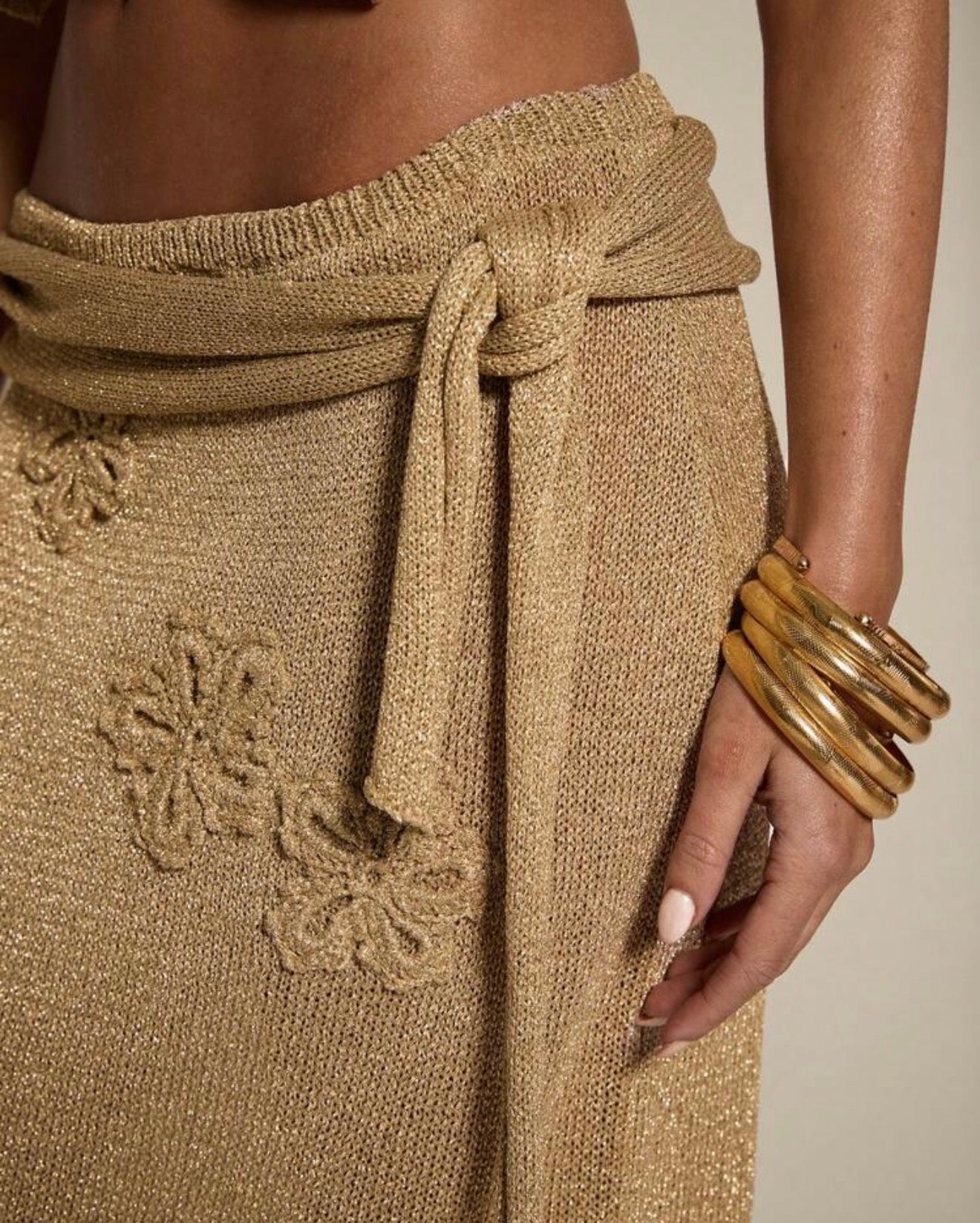 Golden Shimmer Crochet Flower Top & Skirt Set