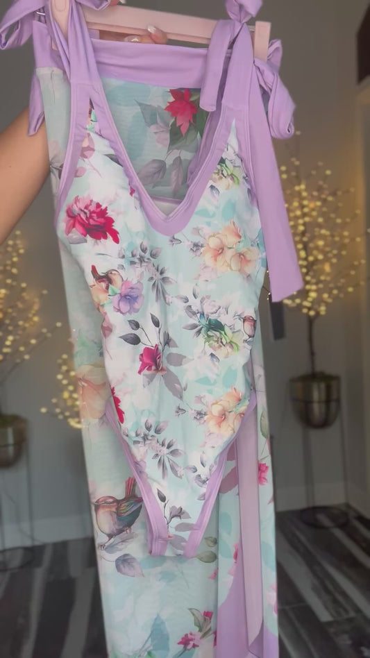 Pretty Flower One Piece Swimsuit 2 Piece Set